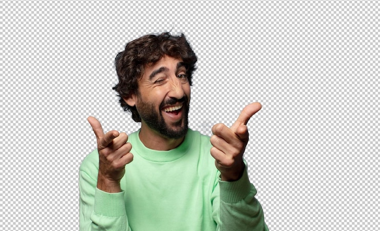 Free PSD feeling happy cool satisfied relaxed and successful pointing at camera choosing you