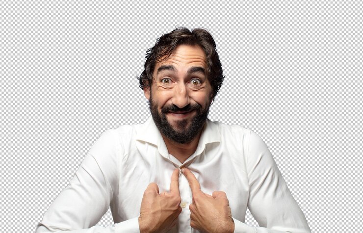 Free PSD feeling happy surprised and proud pointing to self with an excited amazed look