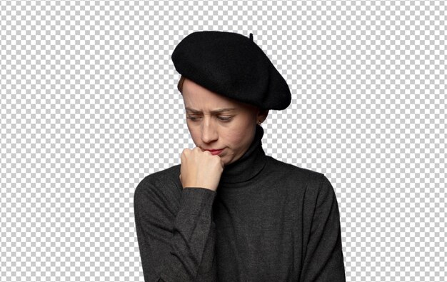 feeling serious thoughtful and concerned staring sideways with hand pressed against chin