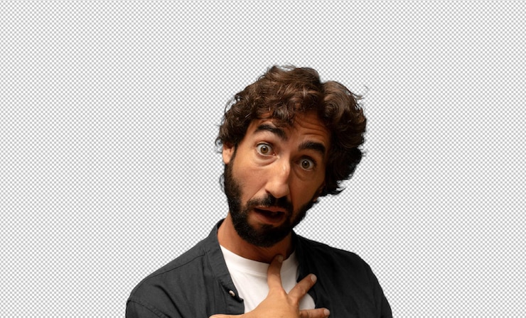 Free PSD feeling shocked astonished and surprised with hand on chest and open mouth saying who me