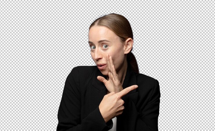 Free PSD feeling surprised with a shocked expression and pointing to the side