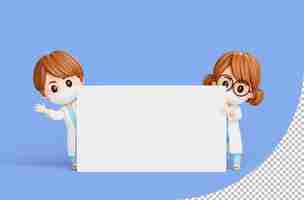 Free PSD female doctor and male doctor standing with empty sign banner 3d illustration cartoon character