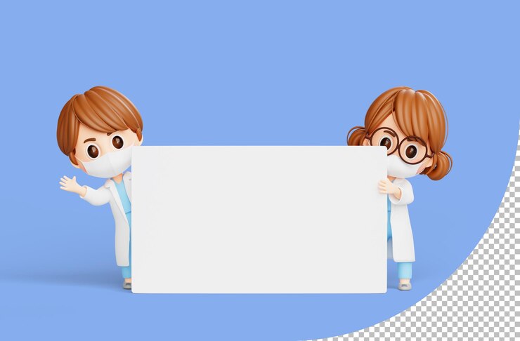 मुफ़्त PSD female doctor and male doctor standing with empty sign banner 3d illustration cartoon character