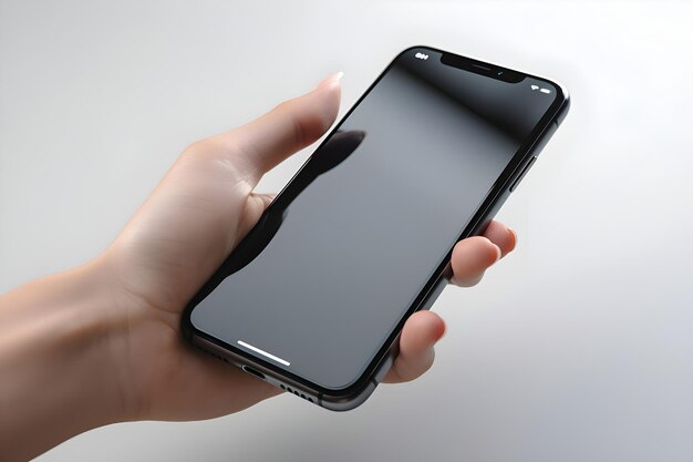 Free PSD female hand holding black smartphone with blank screen on gray background closeup