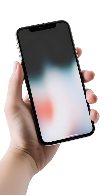 female hand holding a black smartphone with blank screen isolated on white background