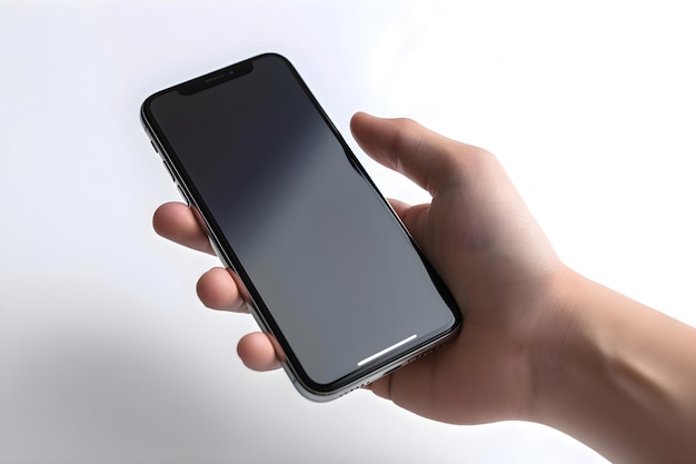Female hand holding a black smartphone with blank screen isolated on white background