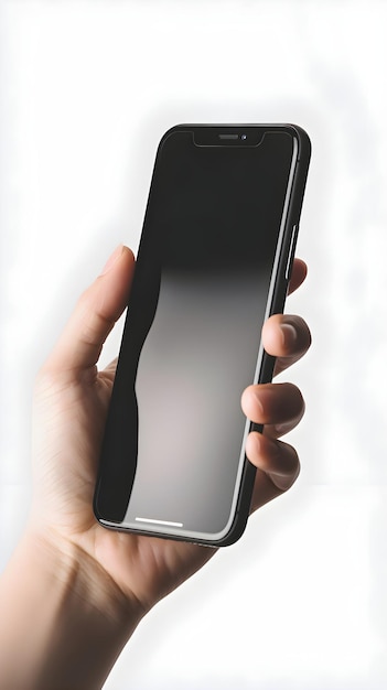 Female hand holding a smartphone with a blank screen on a white background