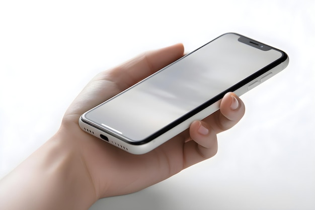 Free PSD female hand holding a smartphone with a white screen on a white background