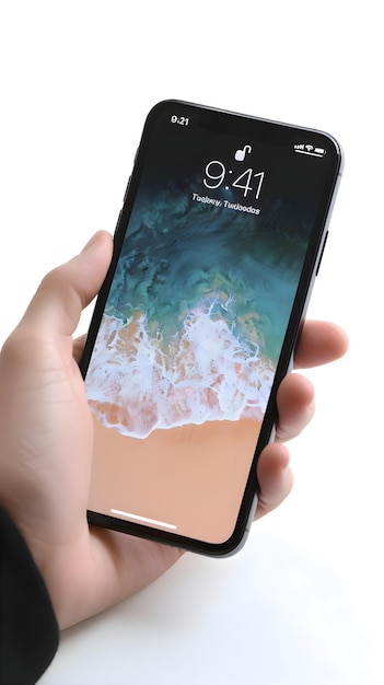 A female hand holds a smartphone displaying the latest Phone Xs Max smartphone