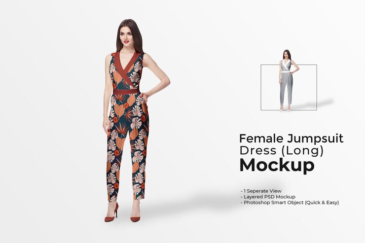  Female jumpsuit dress mockup Premium Psd