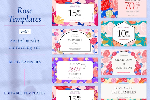 Modello femminile di vendita floreale psd con set di banner pubblicitari di moda con rose colorate