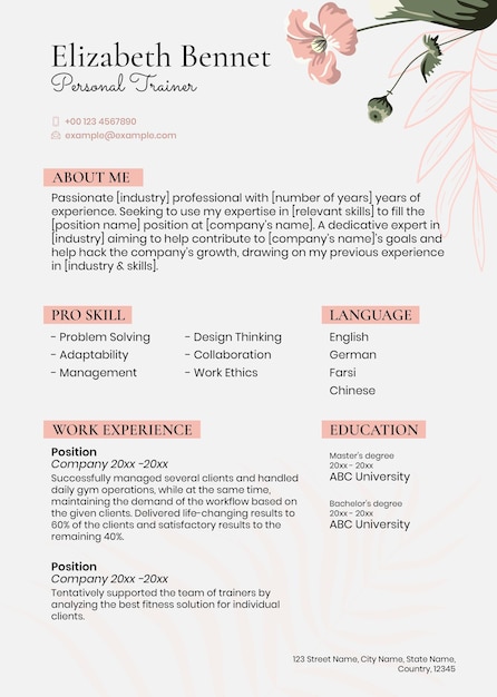 Free PSD feminine pastel resume template psd in floral style