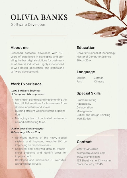 Feminine pastel resume template psd with paper texture background