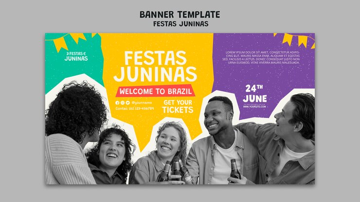 Free PSD festas juninas horizontal banner template in paper cut-out style