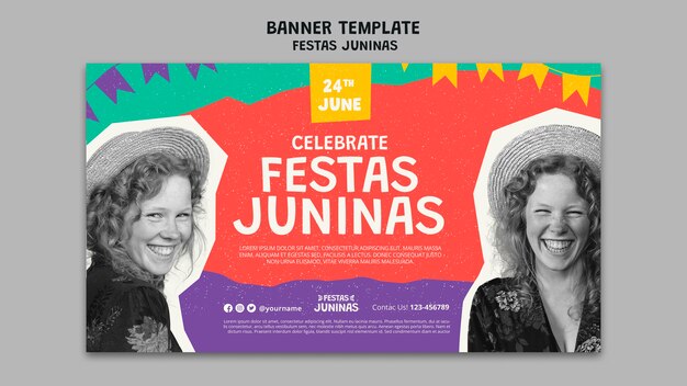 Festas juninas horizontal banner template in paper cut-out style