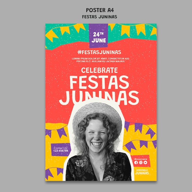 Free PSD festas juninas vertical poster template in paper cut-out style