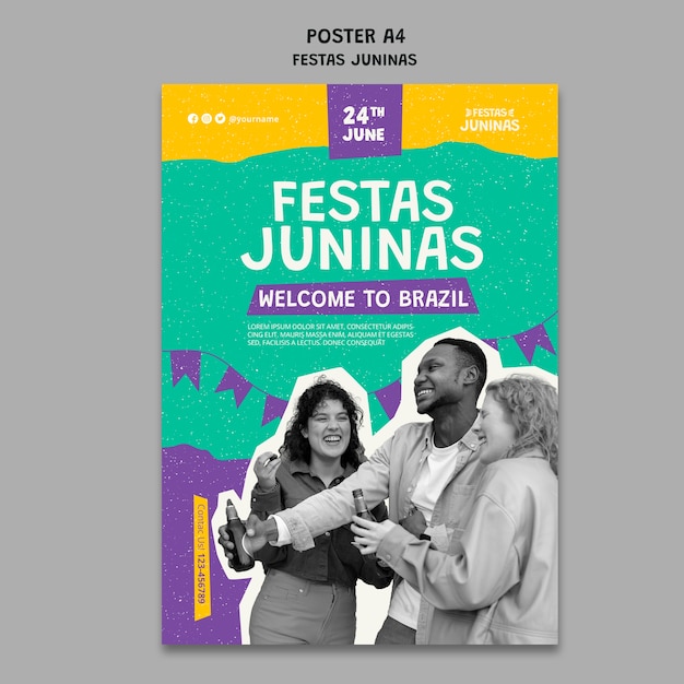 Free PSD festas juninas vertical poster template in paper cut-out style