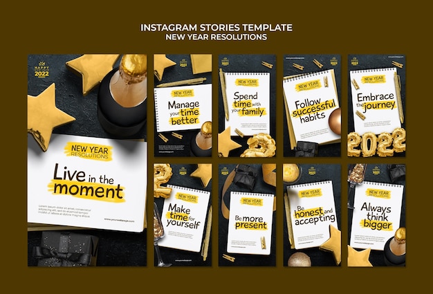 PSD gratuito collezione di storie di instagram per gli obiettivi del nuovo anno festivo