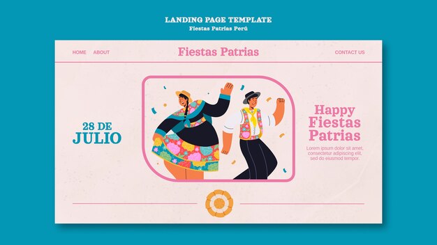 fiestas patrias landing page template with people dancing and celebrating