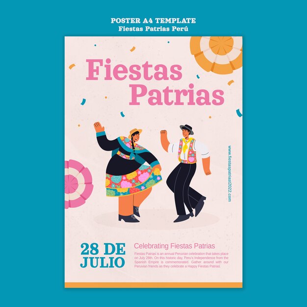 Fiestas patrias vertical poster template with people dancing and celebrating