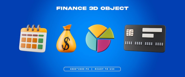 Бесплатный PSD финансовый объектный набор изолированный 3d рендеринг иллюстрация