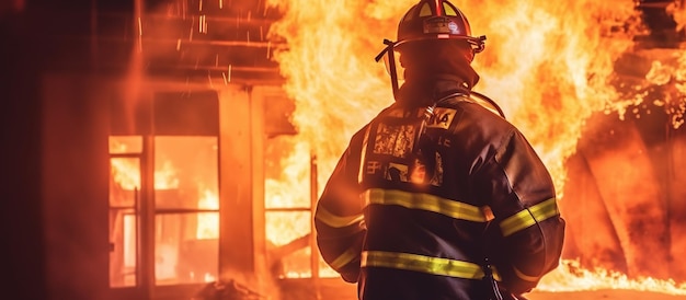 Il vigile del fuoco lavora nel vigile del fuoco dell'edificio in fiamme sull'ia generativa del fondo della fiamma