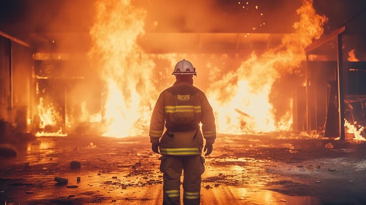 Free PSD firefighter works in burning building fireman on flame background generative ai