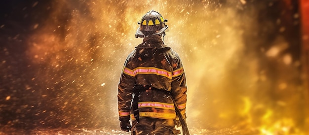 Firefighter works in burning building fireman on flame background Generative AI