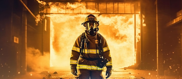 Firefighter works on fire fireman walks inside burning building generative ai