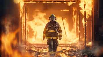 Free PSD firefighter works on fire fireman walks inside burning building generative ai