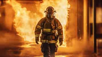 Free PSD firefighter works on fire fireman walks inside burning building generative ai