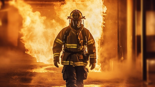 Firefighter works on fire fireman walks inside burning building Generative AI
