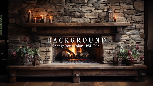 Free PSD fireplace with burning candles in the interior of a country house