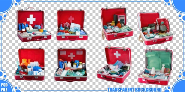 first aid kits with various medical supplies