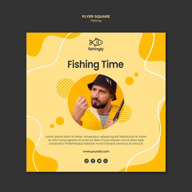 Free PSD fishing time man in yellow coat square flyer