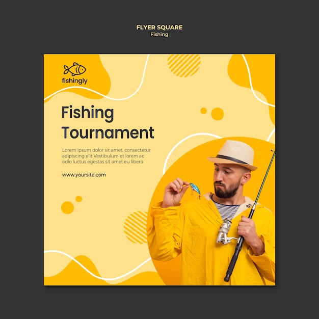 Fishing tournament man in yellow fishing coat square flyer