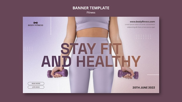 Modello di banner orizzontale fitness con donna e manubri