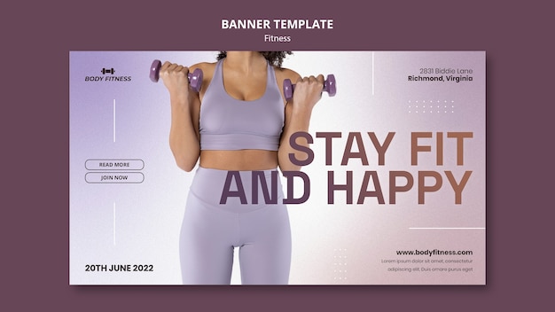 Free PSD fitness horizontal banner template with woman and dumbells