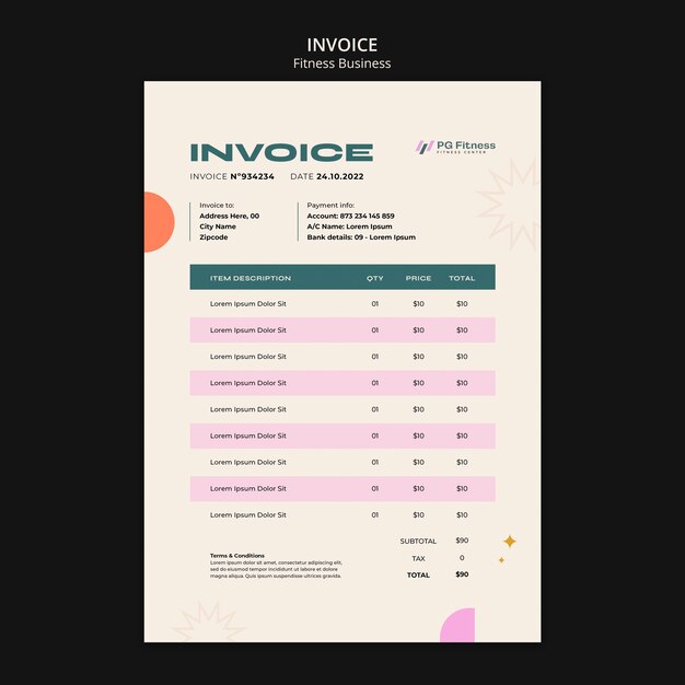 幾何学的なデザインのフィットネス請求書テンプレート