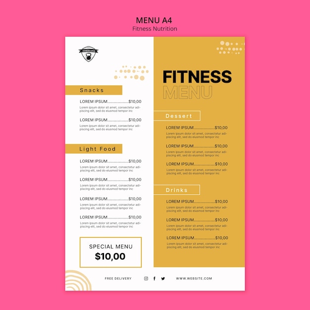 PSD gratuito modello di menu nutrizione fitness