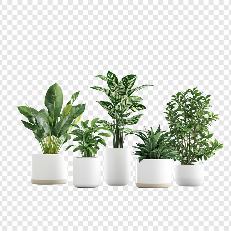 無料PSD 白い背景に5つの鉢の植物 ホームデコレーション インテリアデザイン 緑の葉 室内植物 鉢の植物 緑の樹木 自然 現代的なミニマリスト スタイリッシュな部屋