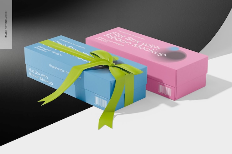 Free PSD flat boxes with ribbon mockup, right view