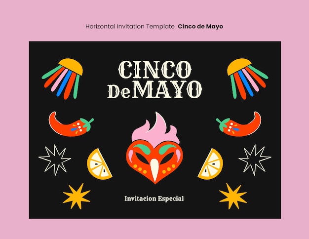 무료 PSD flat cinco de mayo 수평 초대 템플릿