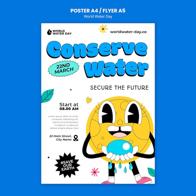 PSD gratuito modello di volantino poster della giornata mondiale dell'acqua con personaggio piatto e carino