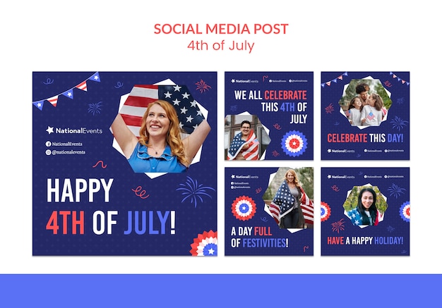 PSD gratuito design piatto 4 luglio modello di post di instagram