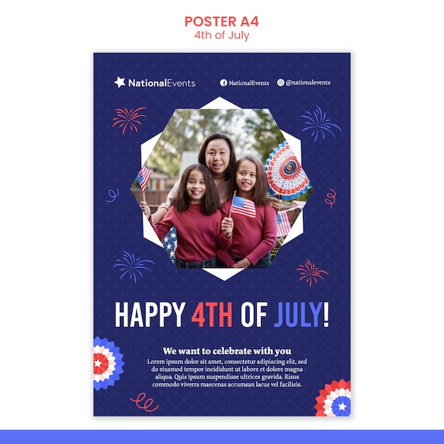 Бесплатный PSD Плоский дизайн шаблона дизайна плаката 4 июля