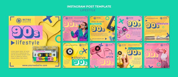 Flat design 90s party instagram posts