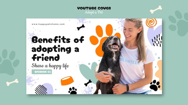 PSD gratuito flat design adotta una copertina di youtube per animali domestici