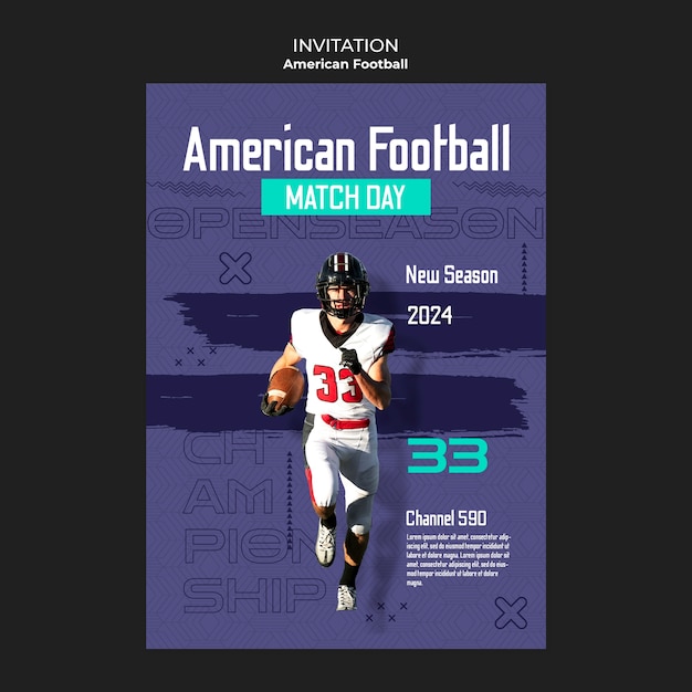 PSD gratuito modello di invito per il football americano a disegno piatto