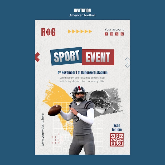 Free PSD flat design american football invitation template